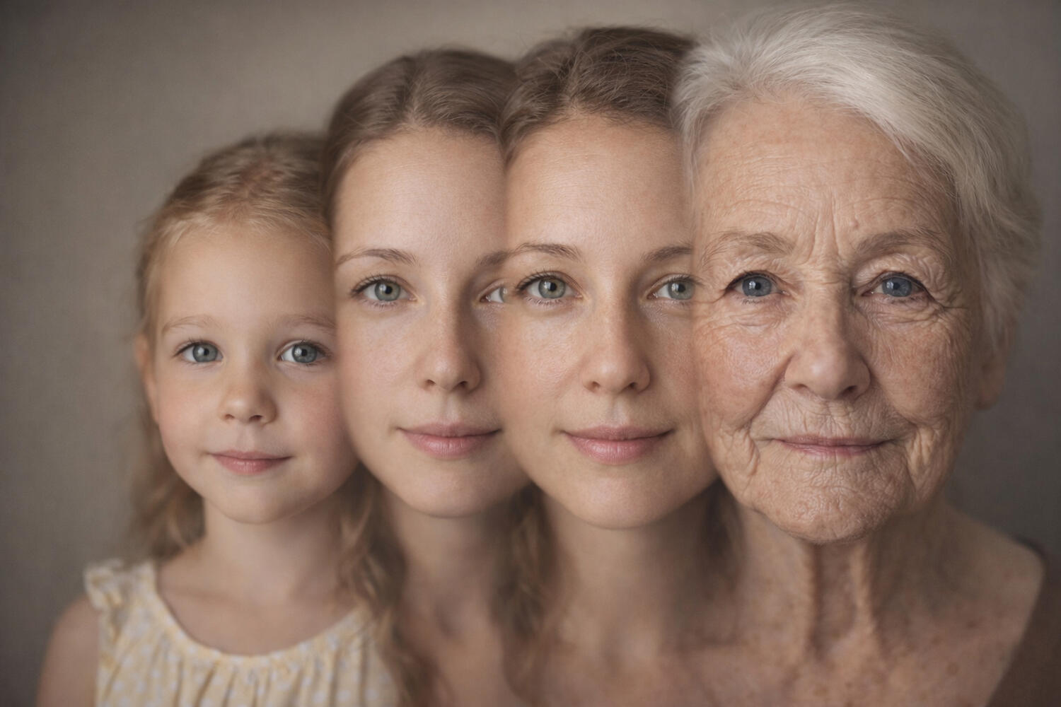 foto realista de 4 generaciones de muejeres desde la niñez a la adultez