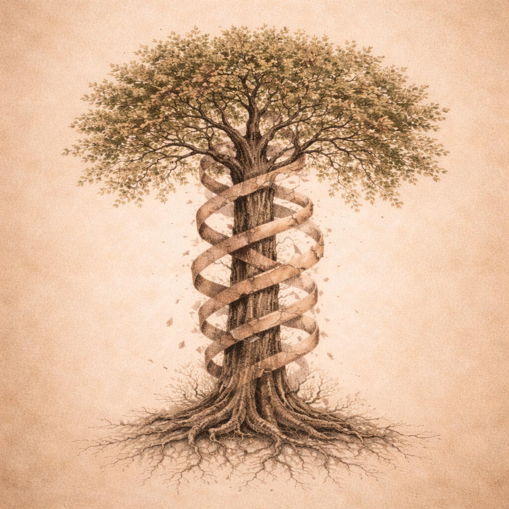 Árbol de Genograma Árbol antiguo con espiral en forma de ADN fragmentada
