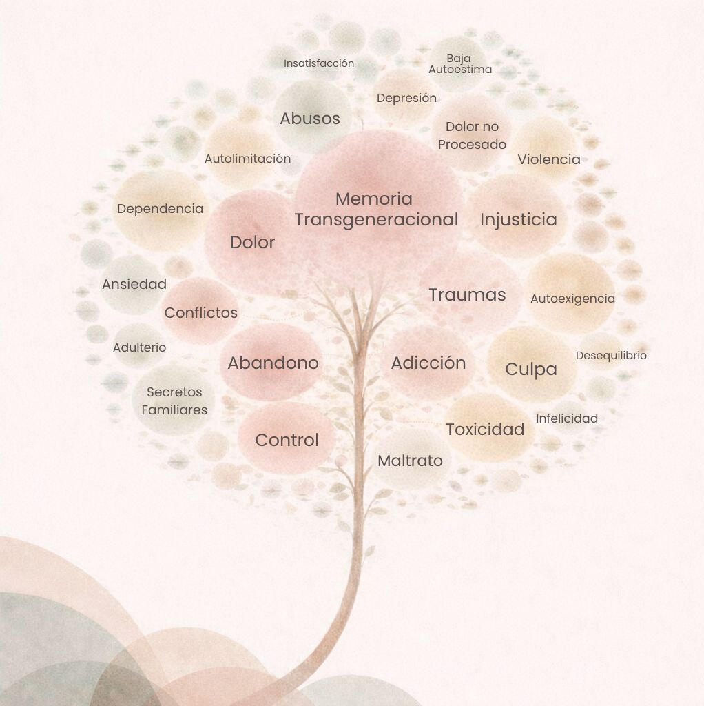 Árbol de memoria transgeneracional arbol con palagras de tauma en las ramas referenciando a todo lo que cargamos